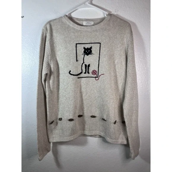 VTG Y2K Christopher & Banks Cat Sweater Women's Large Ivory Ramie Cotton - Picture 1 of 14